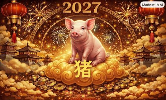 2027 Year of the Pig Tibetan dzi bead guide — pink piglet on golden cloud with Chinese zodiac character 猪, fireworks and palace backdrop, ancientdzishop.com
