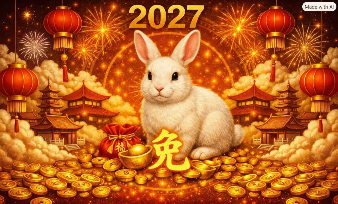 2027 Year of the Rabbit Tibetan dzi bead guide — white rabbit with Chinese zodiac character 兔 beside red fortune bag and gold ingots, fireworks, ancientdzishop.com