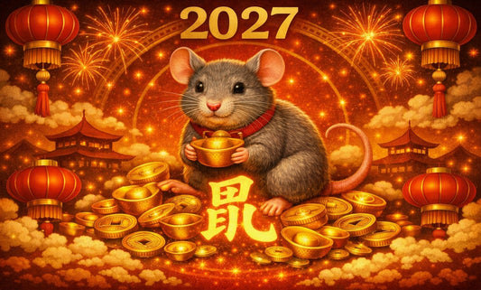 2027 Year of the Rat Tibetan dzi bead guide — grey rat holding gold ingot with Chinese zodiac character 鼠, fireworks and red lanterns, ancientdzishop.com