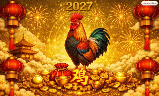 2027 Year of the Rooster Tibetan dzi bead guide — colorful rooster standing on gold coins with Chinese zodiac character 鸡 and red fortune bag, ancientdzishop.com