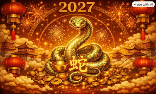 2027 Year of the Snake Tibetan dzi bead guide — golden coiled serpent with Chinese zodiac character 蛇 on pile of gold ingots, red lanterns, ancientdzishop.com