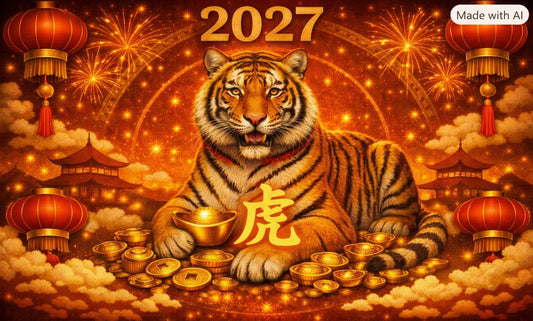 2027 Year of the Tiger Tibetan dzi bead guide — majestic Bengal tiger with Chinese zodiac character 虎 surrounded by gold coins and red lanterns, ancientdzishop.com