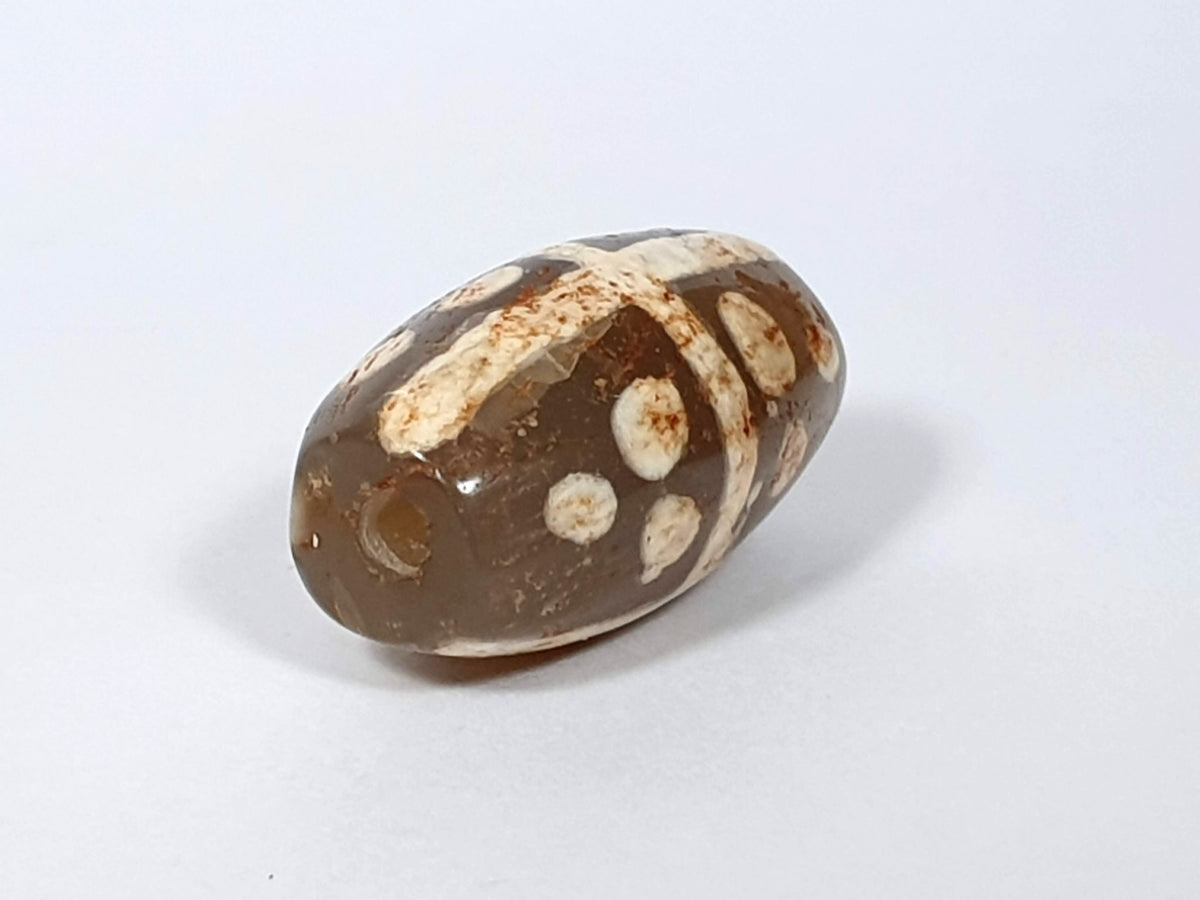 Ancient eighteen star motif agate dzi bead with cream and brown striped pattern, polished surface, and visible drill hole