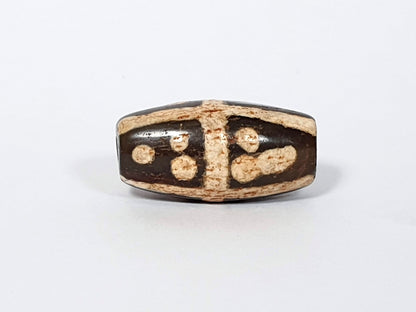 Ancient eighteen star motif agate dzi beads with dark patina and cream striping, 21mm, barrel shape