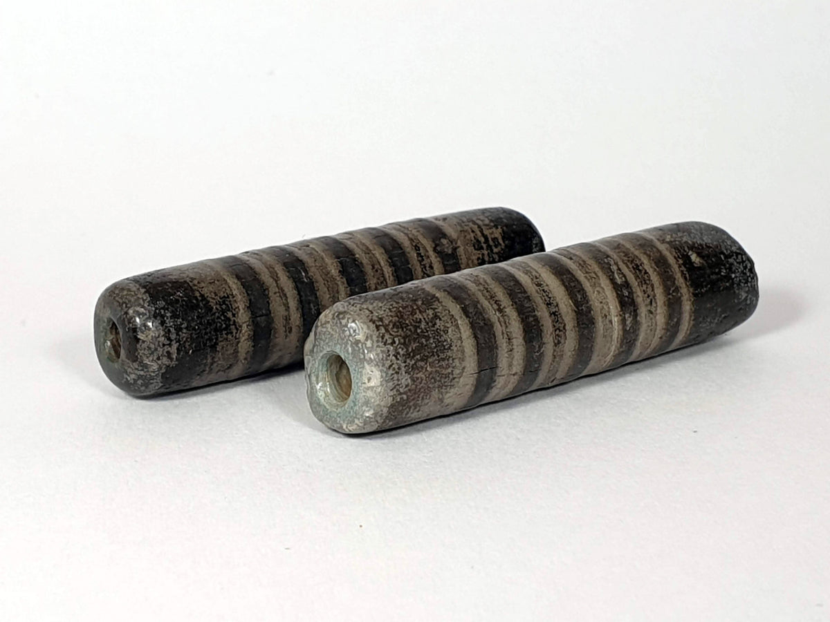 Ac-080420-19SChung, pair ancient 19 stripe Chung dzi 46.4×11.8 & 46.9×11.6mm, encrusted end faces, drill holes, unretouched