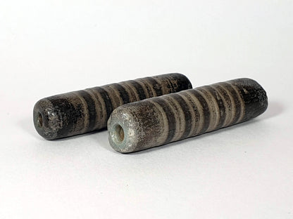 Ac-080420-19SChung, pair ancient 19 stripe Chung dzi 46.4×11.8 & 46.9×11.6mm, encrusted end faces, drill holes, unretouched