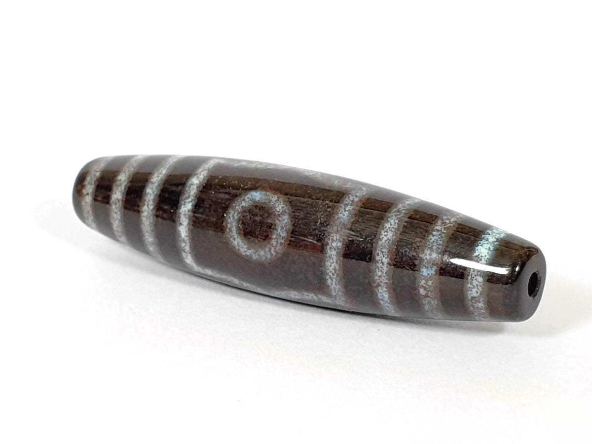 Three eye dzi bead with bloodspots, natural agate pattern, aged patina, center drill hole