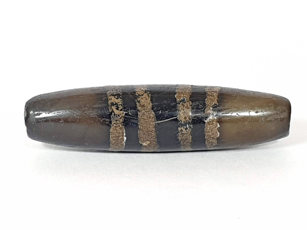 Ac-080620-7SChung ancient Chung dzi, 48.2×12.4mm, Face A, scratch disclosed, warm dark brown, sandy-tan bands, unretouched