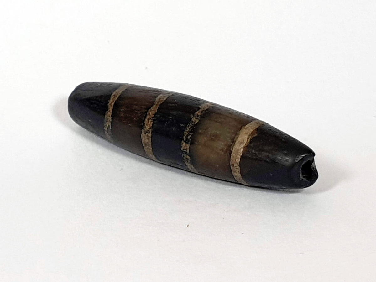 Ac-081020-7SChung ancient seven stripe Chung dzi, left end drill hole, pointed fusiform taper, golden-tan bands, unretouched