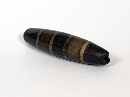 Ac-081020-7SChung ancient seven stripe Chung dzi, left end drill hole, pointed fusiform taper, golden-tan bands, unretouched
