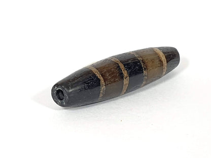 Ac-081020-7SChung ancient seven stripe Chung dzi, right end, ancient enlarged drill hole, near-pitch-black tip, unretouched