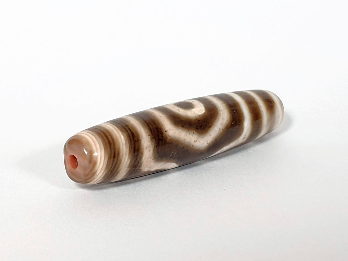 Qing Dynasty three eye dzi — opposite end, drill hole with orange-red inner ring, stripe pattern, At-0426-3EQ