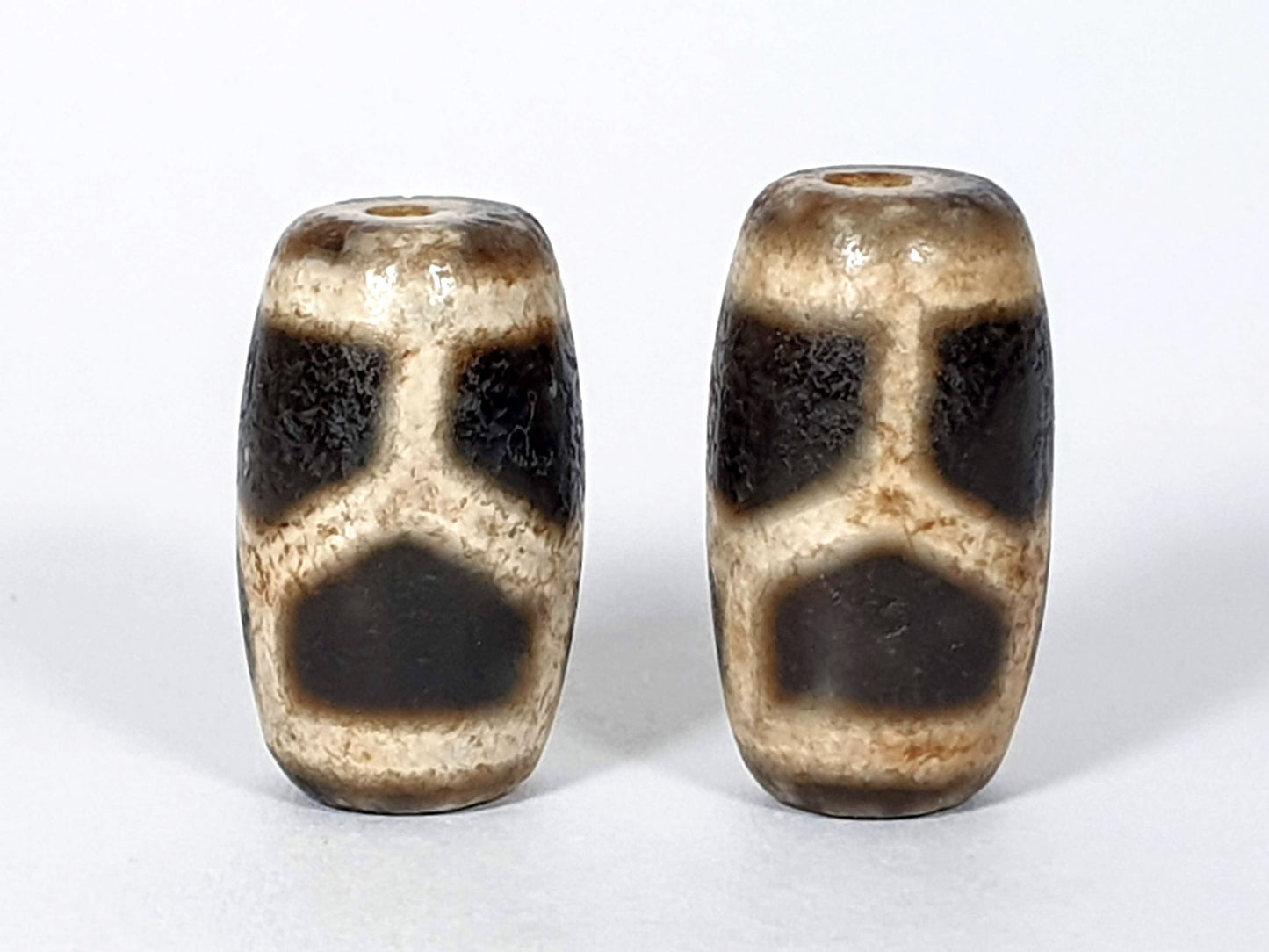 N-FA-062626-LG pair longevity tortoise shell agate dzi, front face, cream ground, 23.9×13.3 & 22.6×13.5mm, unretouched