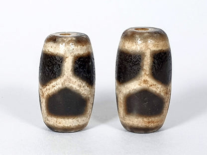 N-FA-062626-LG pair longevity tortoise shell agate dzi, front face, cream ground, 23.9×13.3 & 22.6×13.5mm, unretouched