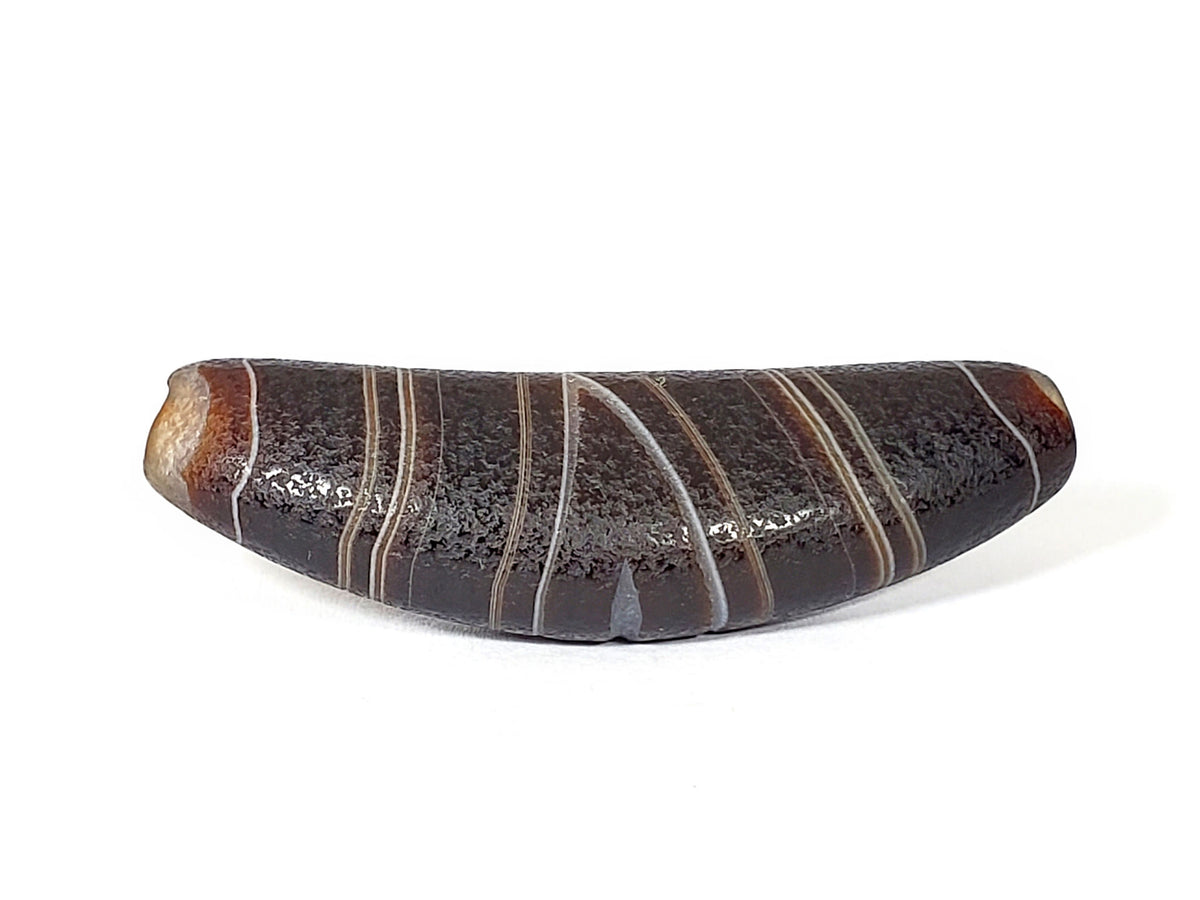 Bow-shaped natural banded agate dzi bead with striped pattern and polished surface on white background