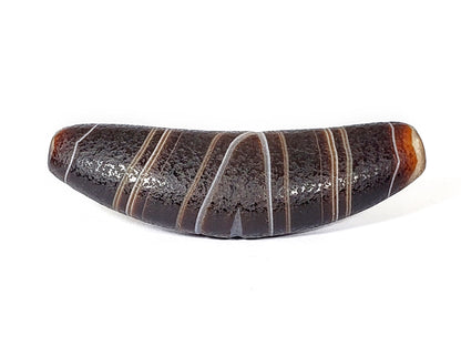 Bow-shaped natural banded agate dzi bead with striped bands and burnished patina