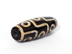 Nine eye dzi bead with bloodspots, black agate with tan pattern, barrel shape, drilled