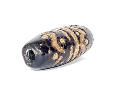 Ancient wave and star motif dzi bead, dark agate, tan patterned ridges, visible drill hole, aged patina, weathered surface texture