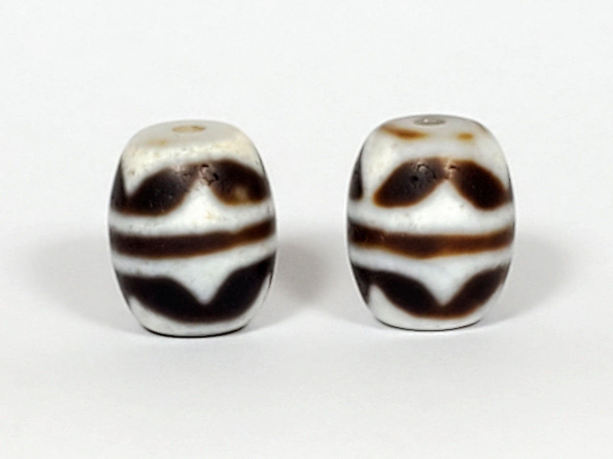 V-041122-DTT pair vintage double tiger tooth dzi, second face, chocolate-brown chevron motif both beads, unretouched