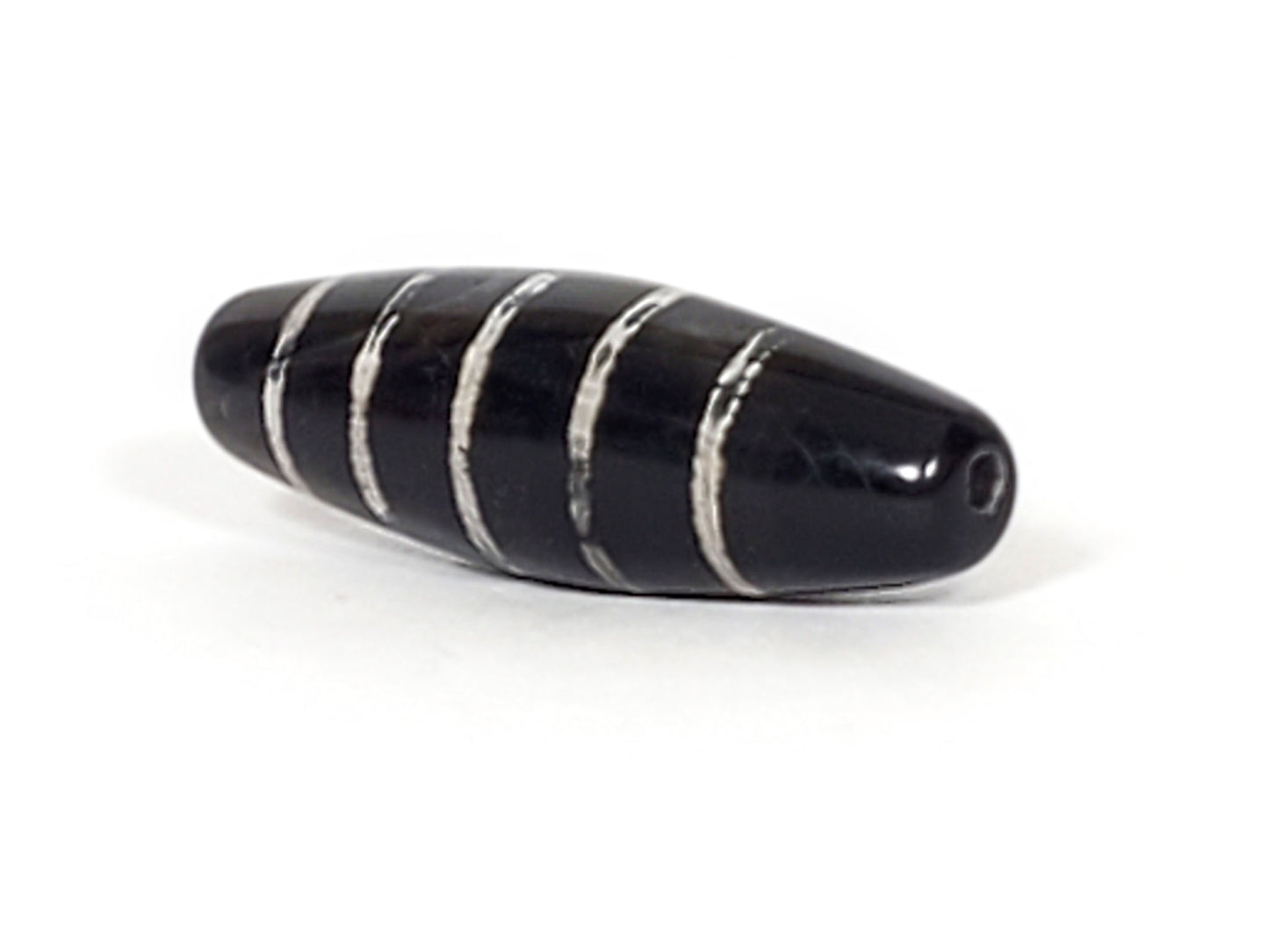 At-062626-9SChung Bead A antique nine stripe Chung dzi, tapered teardrop form, black ground, 30.1×9.9mm, unretouched