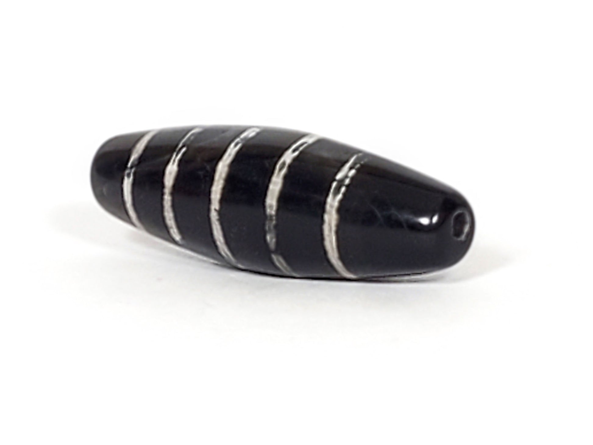 At-062626-9SChung Bead A antique nine stripe Chung dzi, tapered teardrop form, black ground, 30.1×9.9mm, unretouched