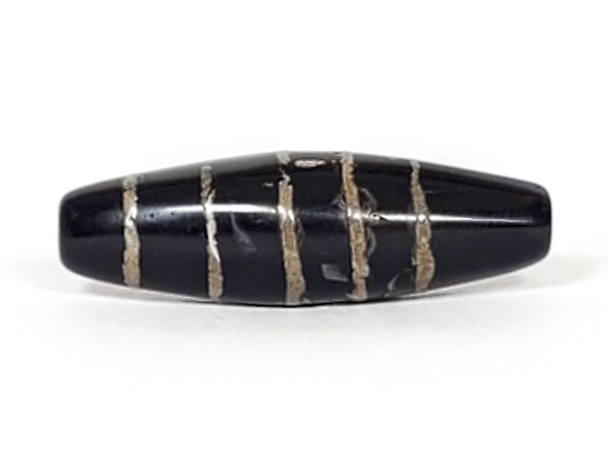 At-062626-9SChung Bead B antique nine stripe Chung dzi, symmetric bicone form, black ground, 30.2×9.5mm, unretouched