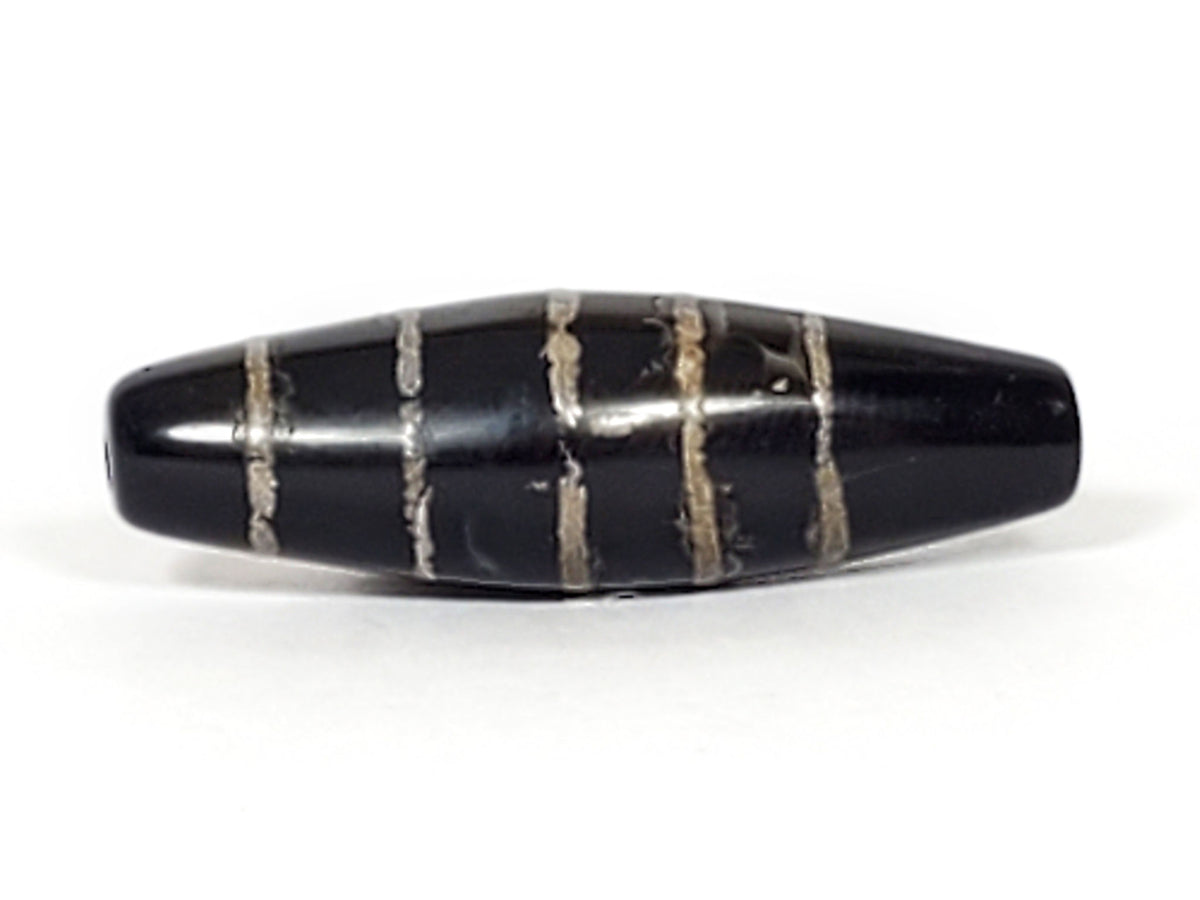 Antique nine stripe Chung dzi beads, black agate with silver bands, polished surface, drill holes visible