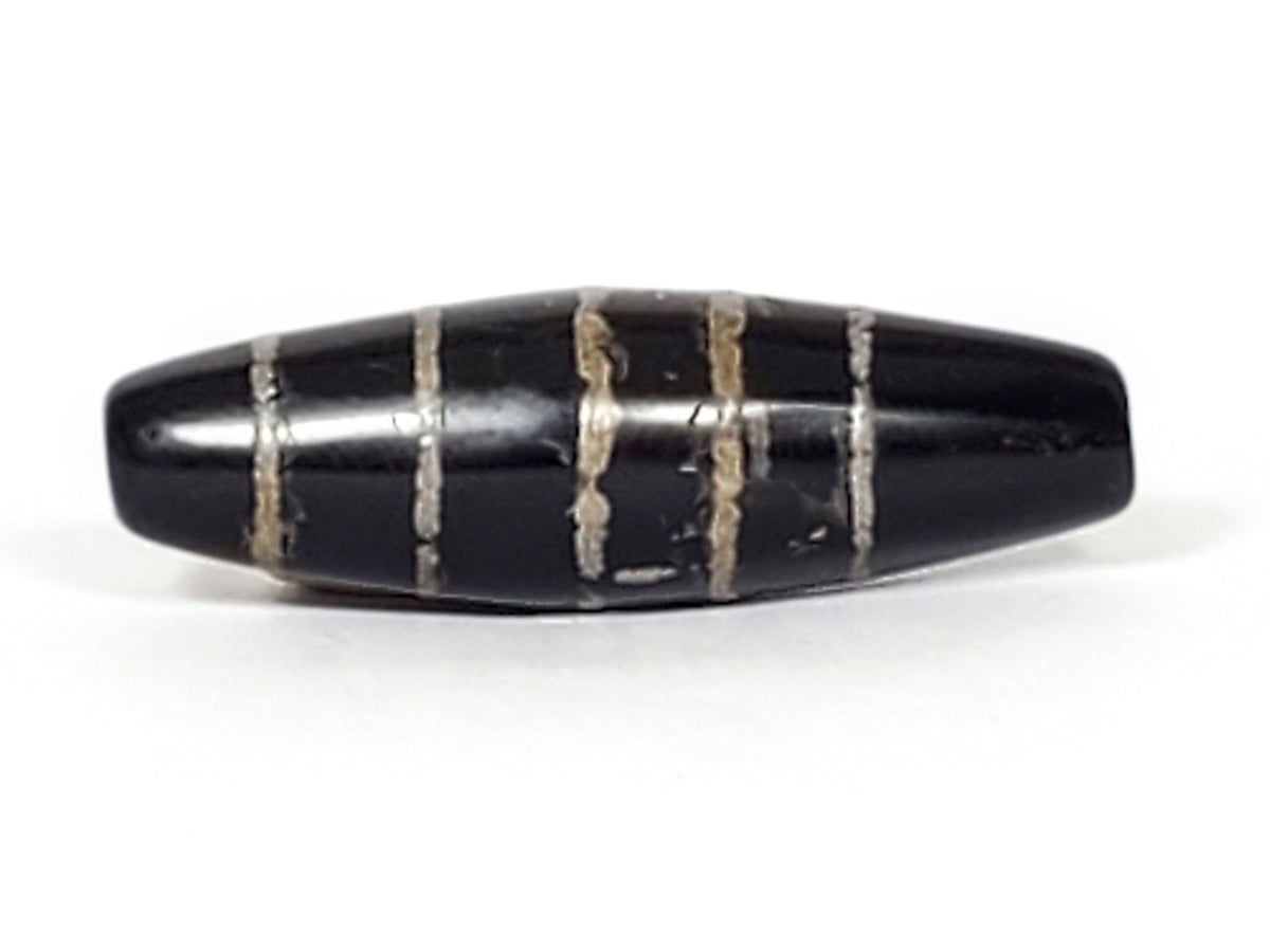 Antique nine stripe Chung dzi bead pair, black agate with silver bands, polished surface, drilled holes visible