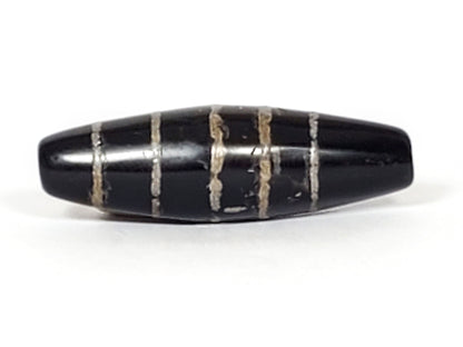 Antique nine stripe Chung dzi bead pair, black agate with silver bands, polished surface, drilled holes visible