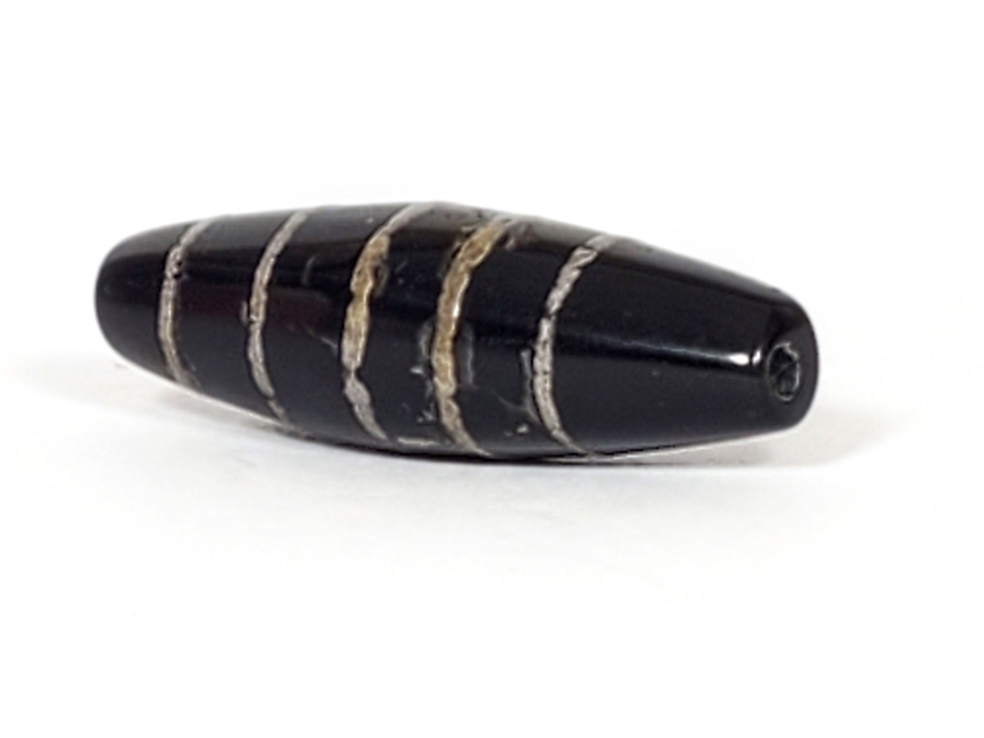 At-062626-9SChung Bead B antique nine stripe Chung dzi, symmetric bicone form, black ground, 30.2×9.5mm, unretouched