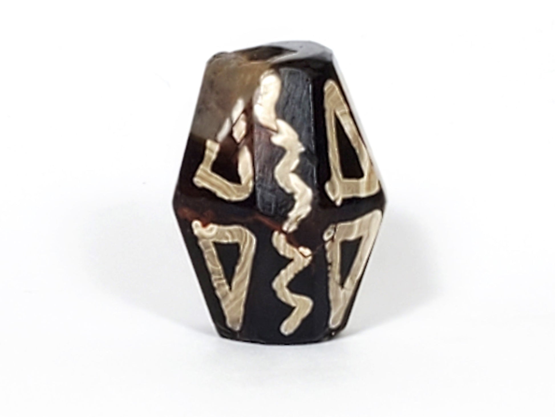 Ac-072222-OCD ancient octagonal tiger tooth wave dzi dark brown agate face four tiger tooth and wave composite unretouched