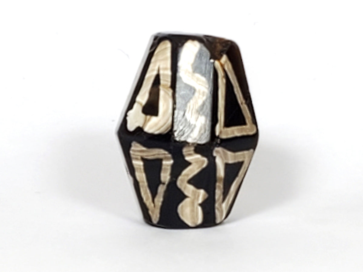 Ac-072222-OCD ancient octagonal tiger tooth wave dzi dark brown agate face two rotated view wave element unretouched