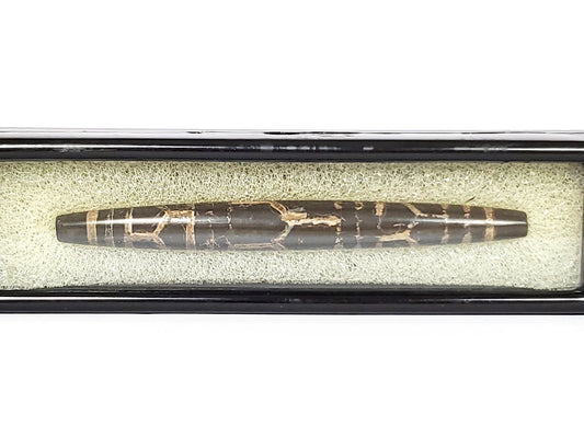 Ac-062926-3LG face A, pitch-black agate, warm-tan triple longevity cells, 75.3×8.2mm ancient dzi, unretouched