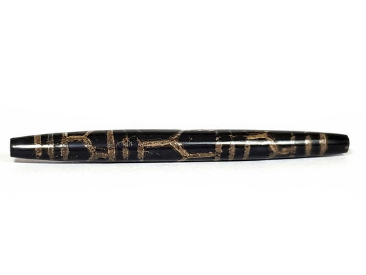Ac-062926-3LG face A, pitch-black agate, warm-tan triple longevity cells, 75.3×8.2mm ancient dzi, unretouched