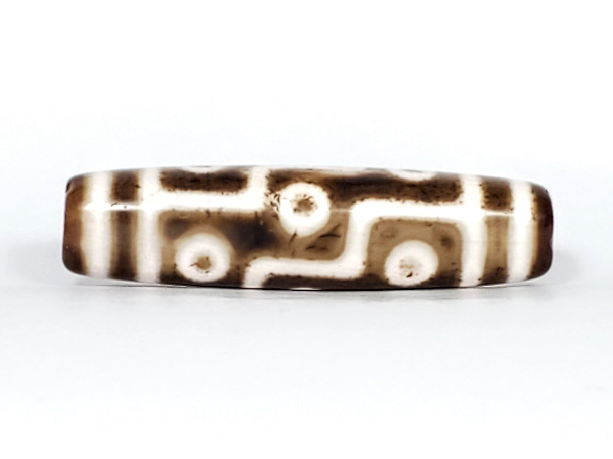 Antique nine-eye dzi bead, brown agate, white eye motifs, wavy lines, patina, Qing Dynasty, visible drill holes, oval shape