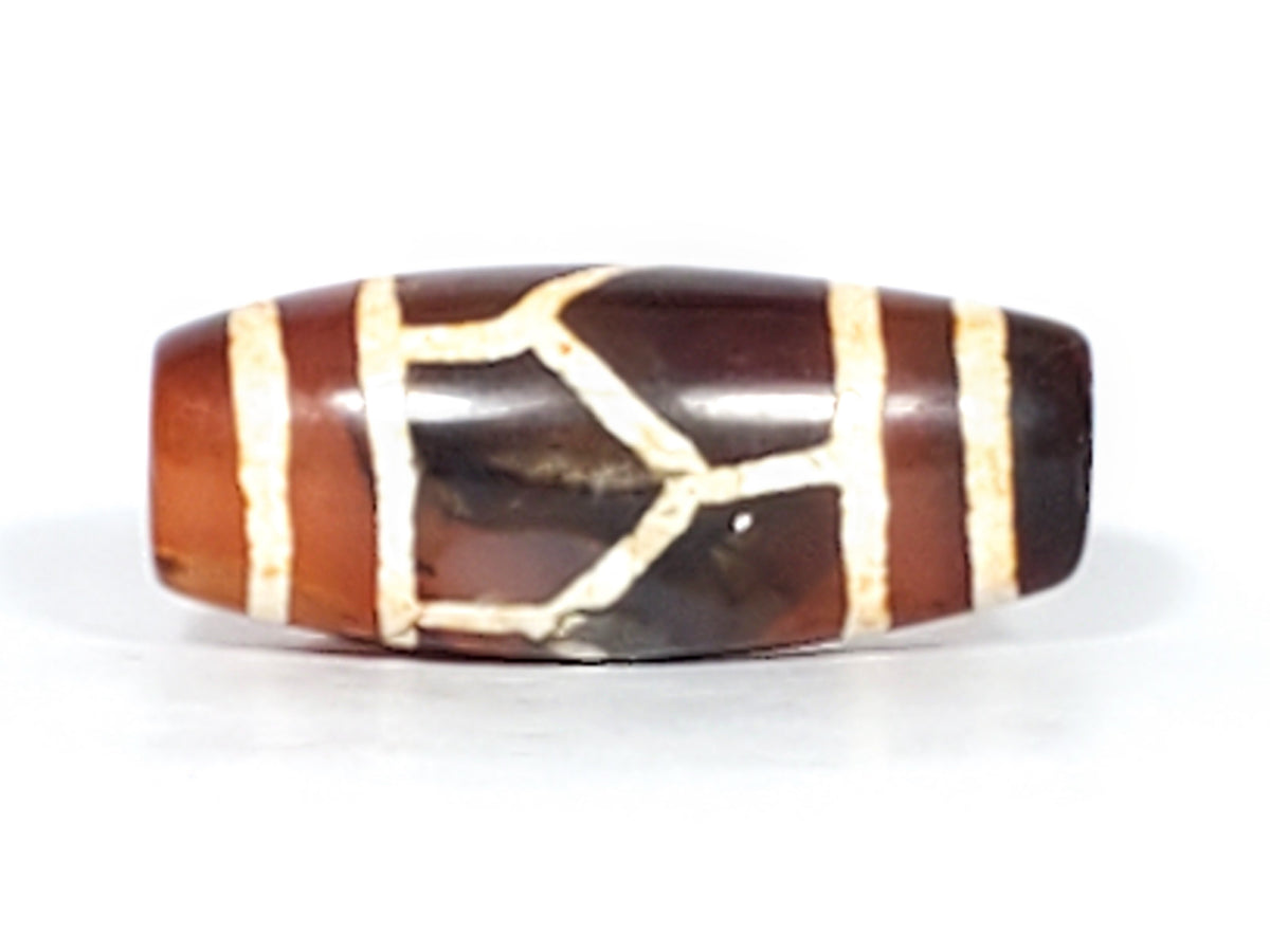 Antique carnelian dzi bead tortoise shell motif white etched lines brown agate patina collectible Tibetan bead