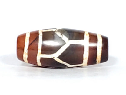 Antique carnelian dzi bead tortoise shell motif white etched pattern brown agate patina collector piece