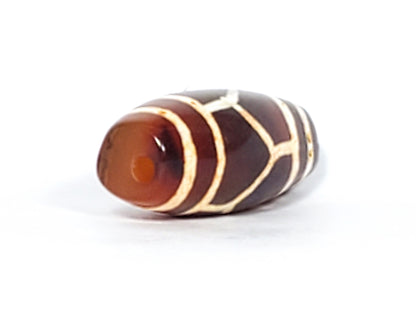 Antique carnelian dzi bead tortoise shell motif, brown agate, cream lattice pattern, aged patina, oval barrel shape