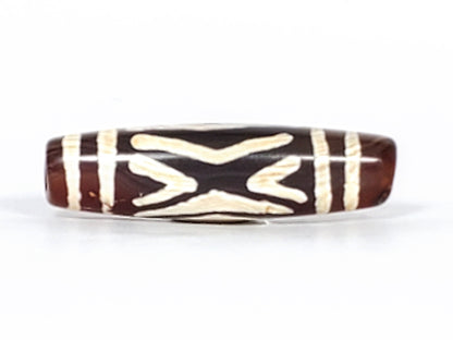 Antique carnelian dzi bead, two diamond eye and tiger tooth motif, cream etched patterns, brown agate, visible drill hole