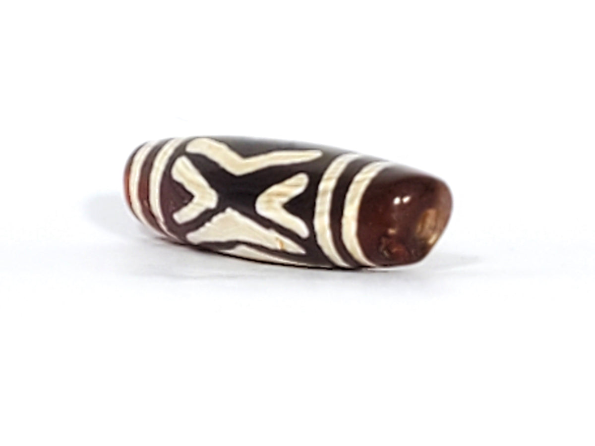 Antique carnelian dzi bead two diamond eye tiger tooth motif cream etched pattern brown agate patina drilled