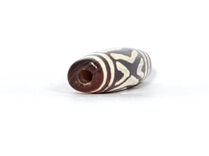 Antique carnelian dzi bead, two diamond eye tiger tooth motif, white etched patterns, brown agate, visible drill hole, aged patina