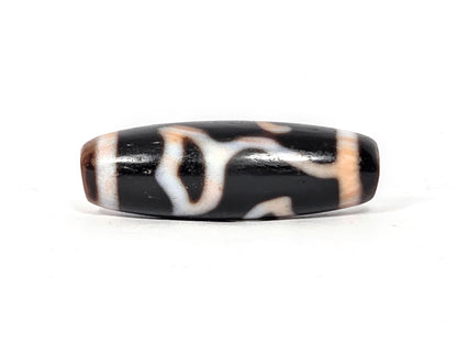 Vintage Lotus Bud Dzi Bead with bloodspot, black agate with white patterns, polished surface, side view