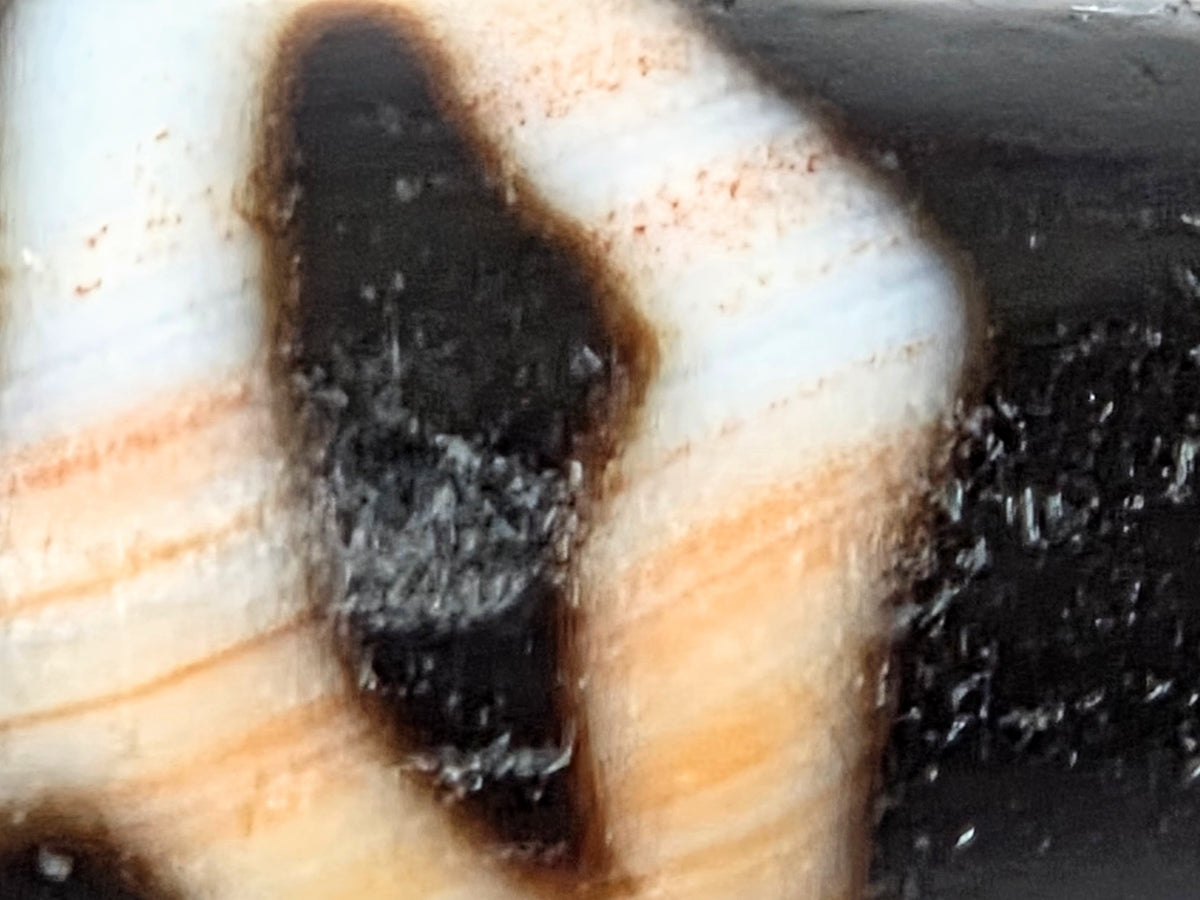 Vintage Lotus Bud Dzi Bead with natural agate banding, cream and brown stripes, and prominent bloodspot pattern detail
