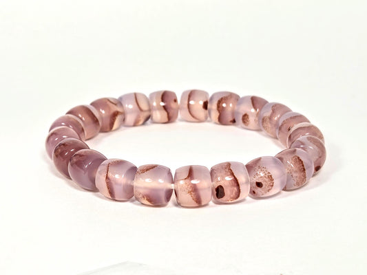N-030526-CB2 bloodspot chalcedony bracelet, 18 round beads, gold spacers, dusty mauve-rose, cinnabar clusters, unretouched