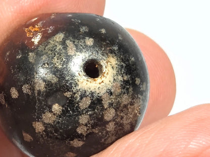 Wide macro view of ancient round agate bead AC-101126-RS showing distribution of cream-silver mineral star inclusions across dark brown agate surface and natural stone character