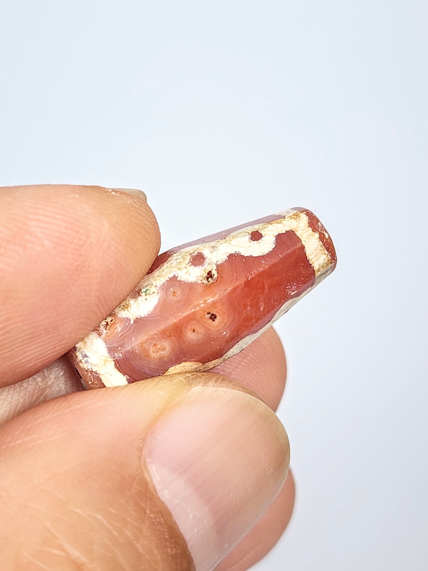 Ancient Links Motif Carnelian Dzi with Bloodspots (050725) - Rare Octagon Shape