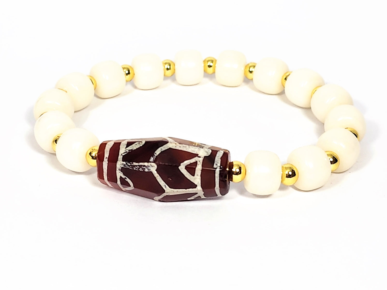 Ancient Lotus & Tiger Tooth Motif Carnelian Dzi Bracelet (040725)