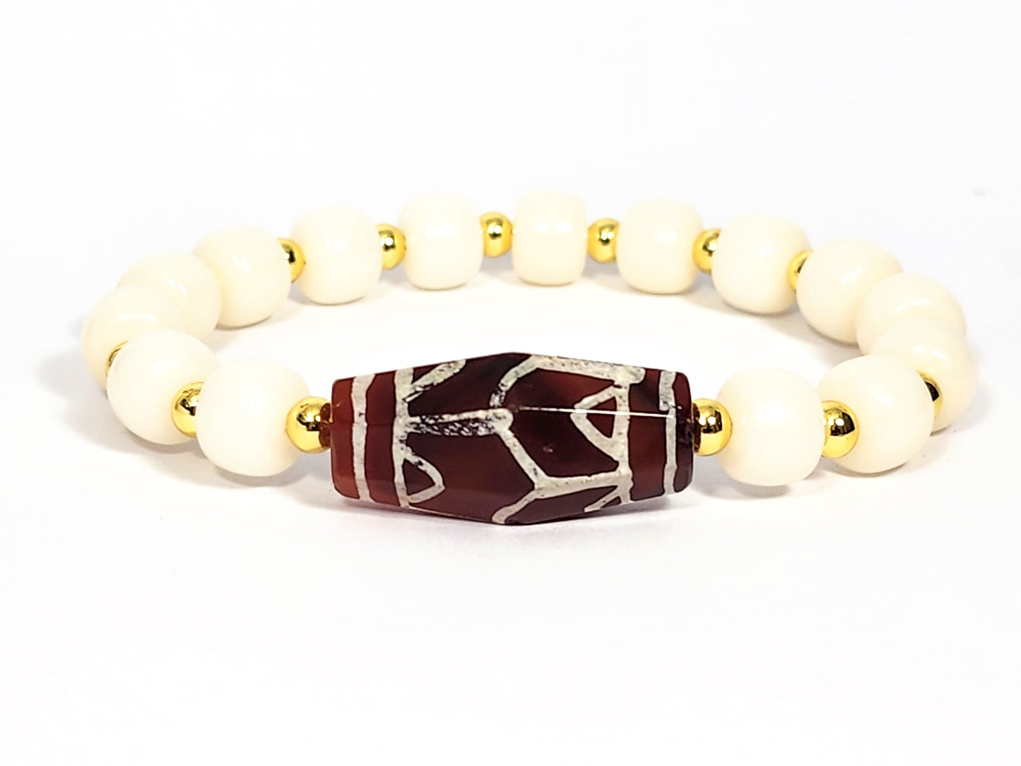 Ancient Lotus & Tiger Tooth Motif Carnelian Dzi Bracelet (040725)