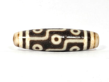 Ancient Nine Eye Dzi bead, 54mm — rare white agate with bold dark etching, nine eye circles across full length — ~800 years old, genuine Tibetan amulet — Anc-0426-9E