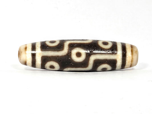 Ancient Nine Eye Dzi bead, 54mm — rare white agate with bold dark etching, nine eye circles across full length — ~800 years old, genuine Tibetan amulet — Anc-0426-9E